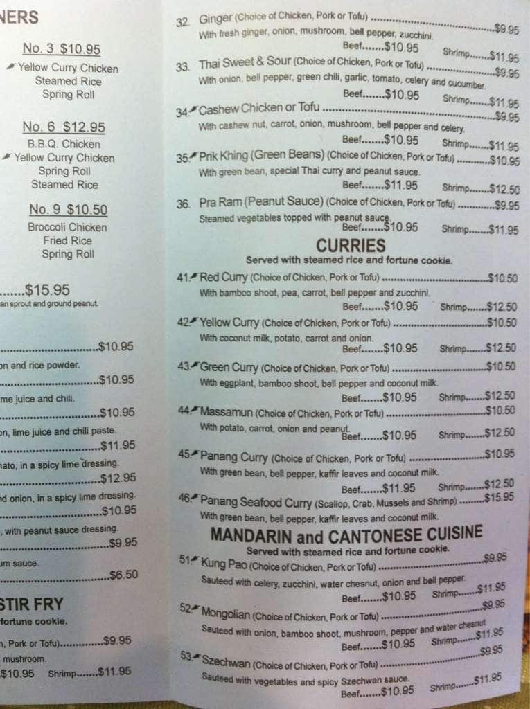 Menu at Bangkok West restaurant, Roseburg