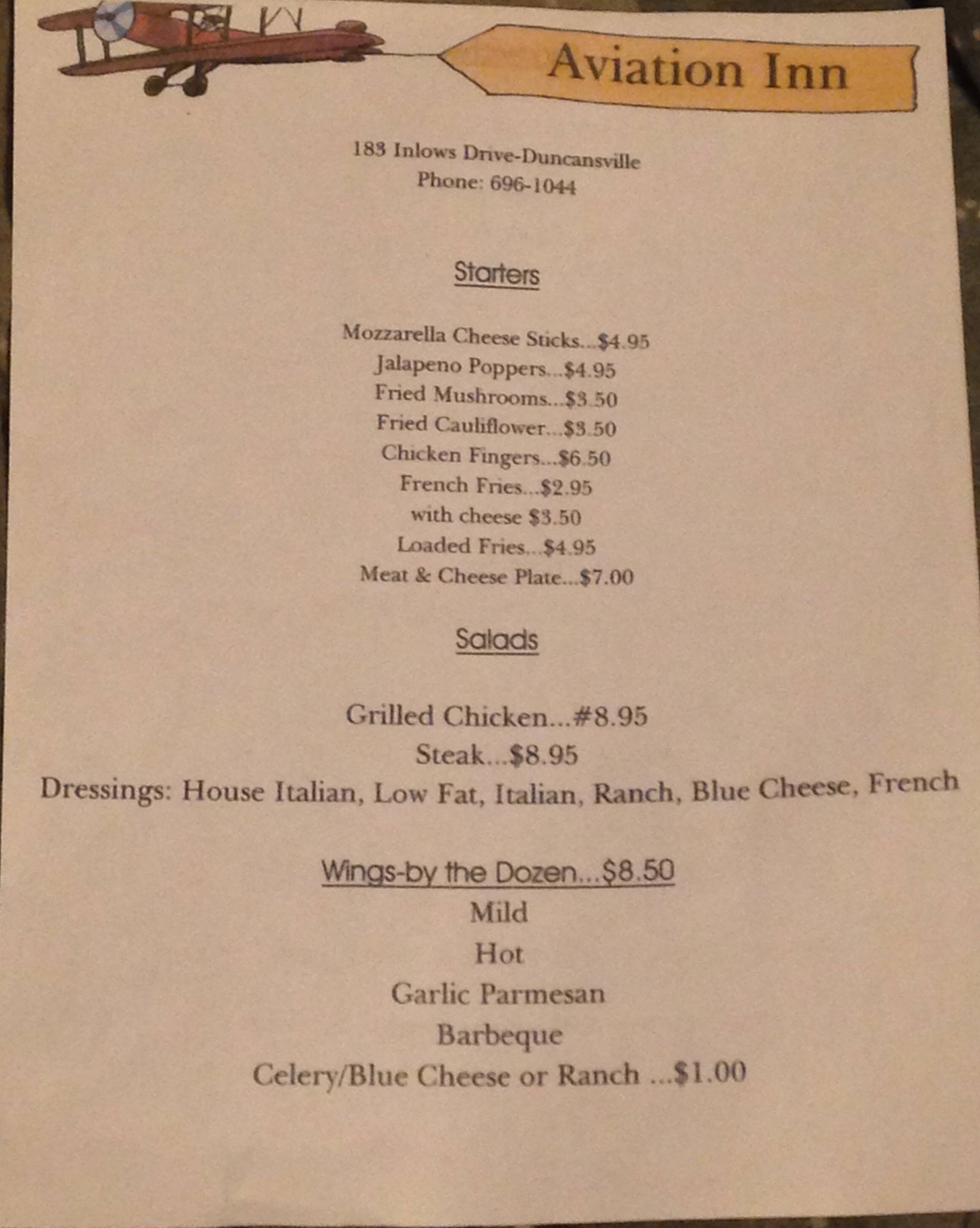 Menu at Aviation Inn restaurant, Duncansville