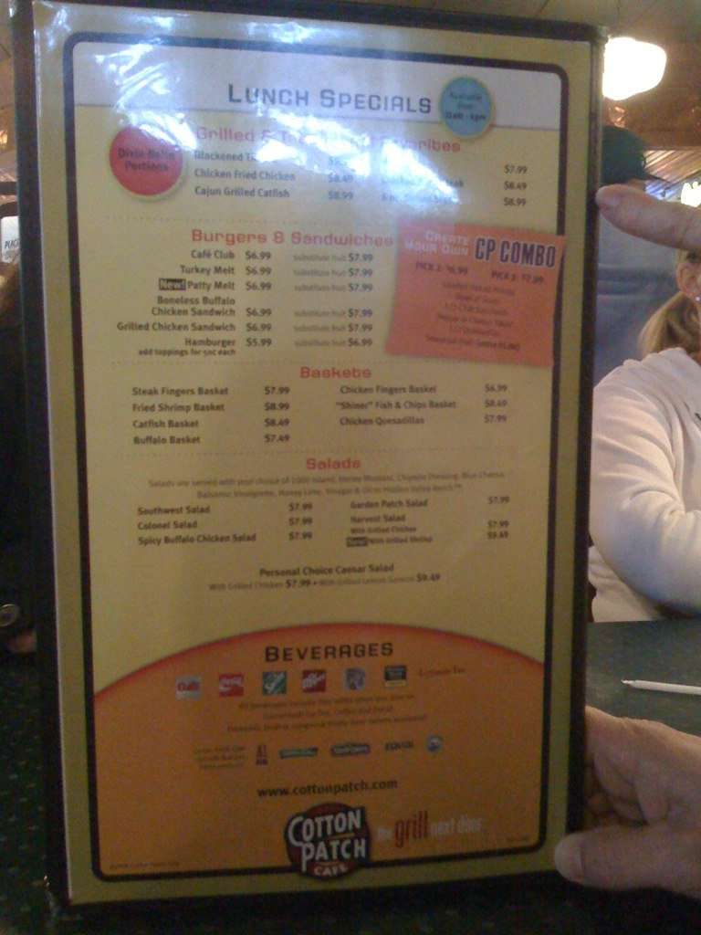 Menu at Cotton Patch Cafe, Waco