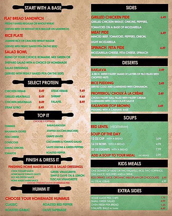 Hummus Mediterranean Menu, Menu for Hummus Mediterranean, Holbrook