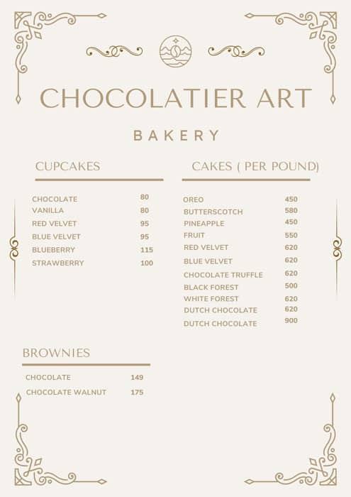 Menu of Chocolatier Art, Chironwali, Dehradun