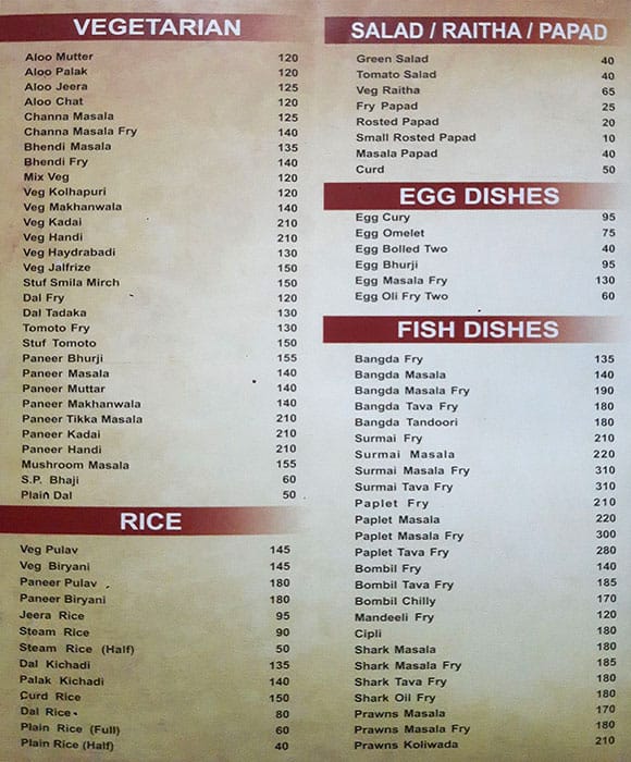 Prakash Bar menu