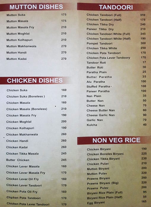 Prakash Bar menu