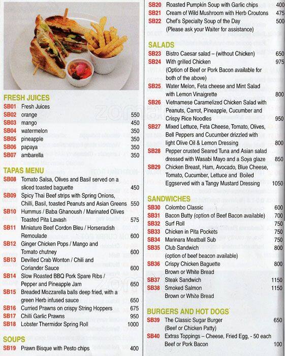 Sugar Bistro and Wine Bar Menu Zomato Sri Lanka