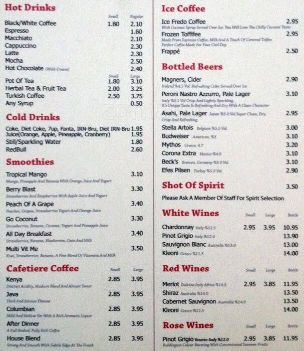 Menu at Olly Bongo's restaurant, Edinburgh