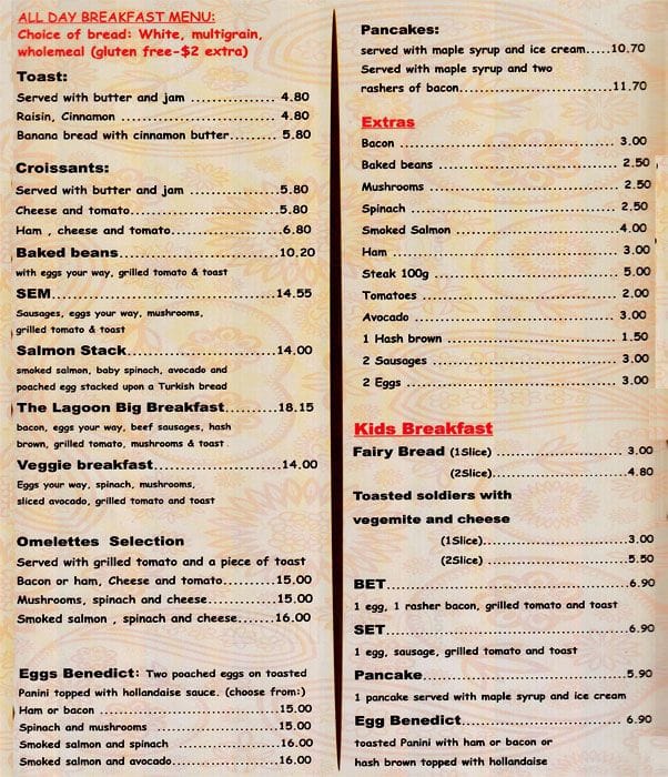 Lagoon Coffee Lounge Menu, Menu for Lagoon Coffee Lounge, Sandgate