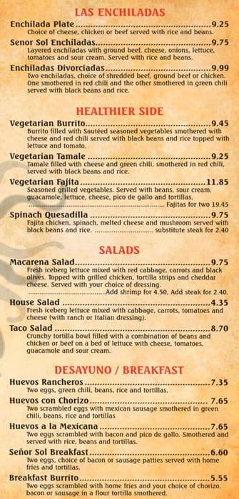 Menu at El Senor Sol restaurant, Centennial, S University Blvd