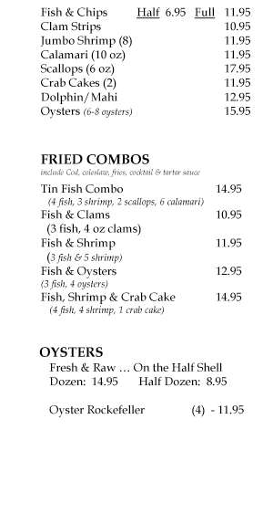 Menu at Tin Fish restaurant, Port St. Lucie, 327 SE Port St Lucie Blvd