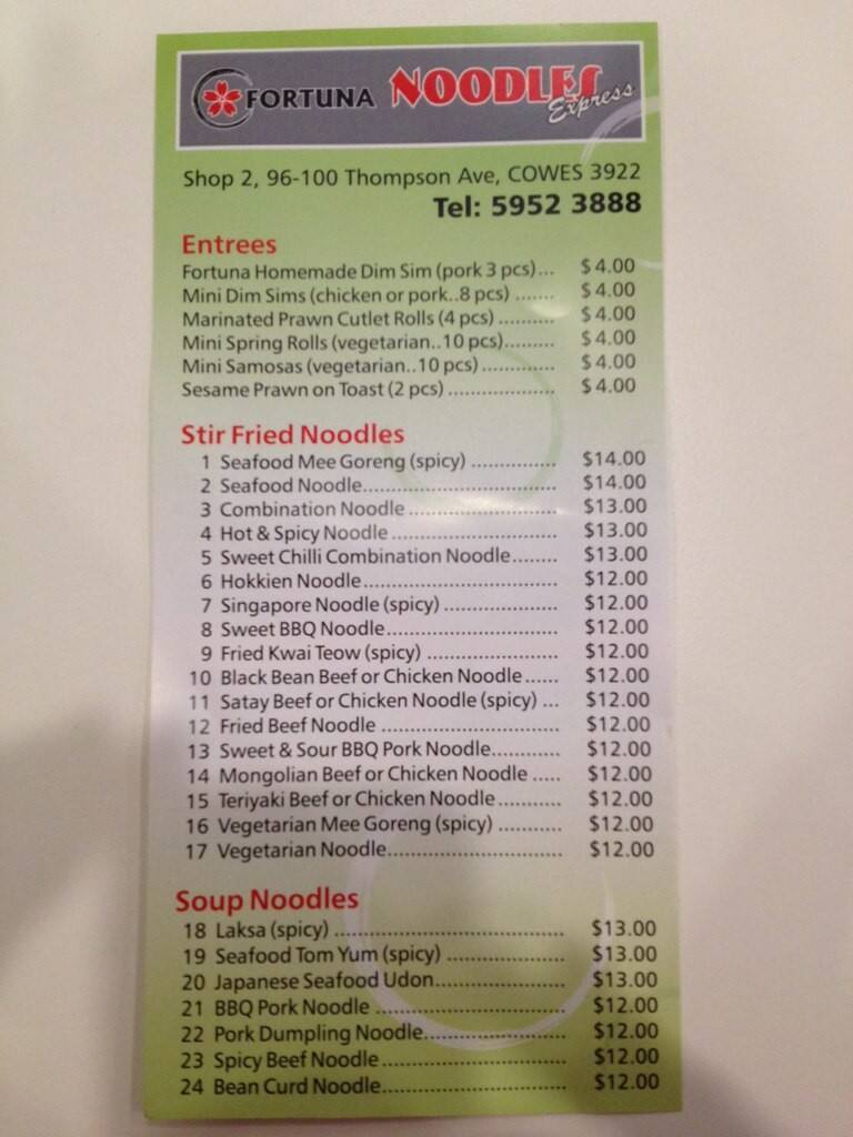 Menu at Fortuna Noodles Express restaurant, Cowes