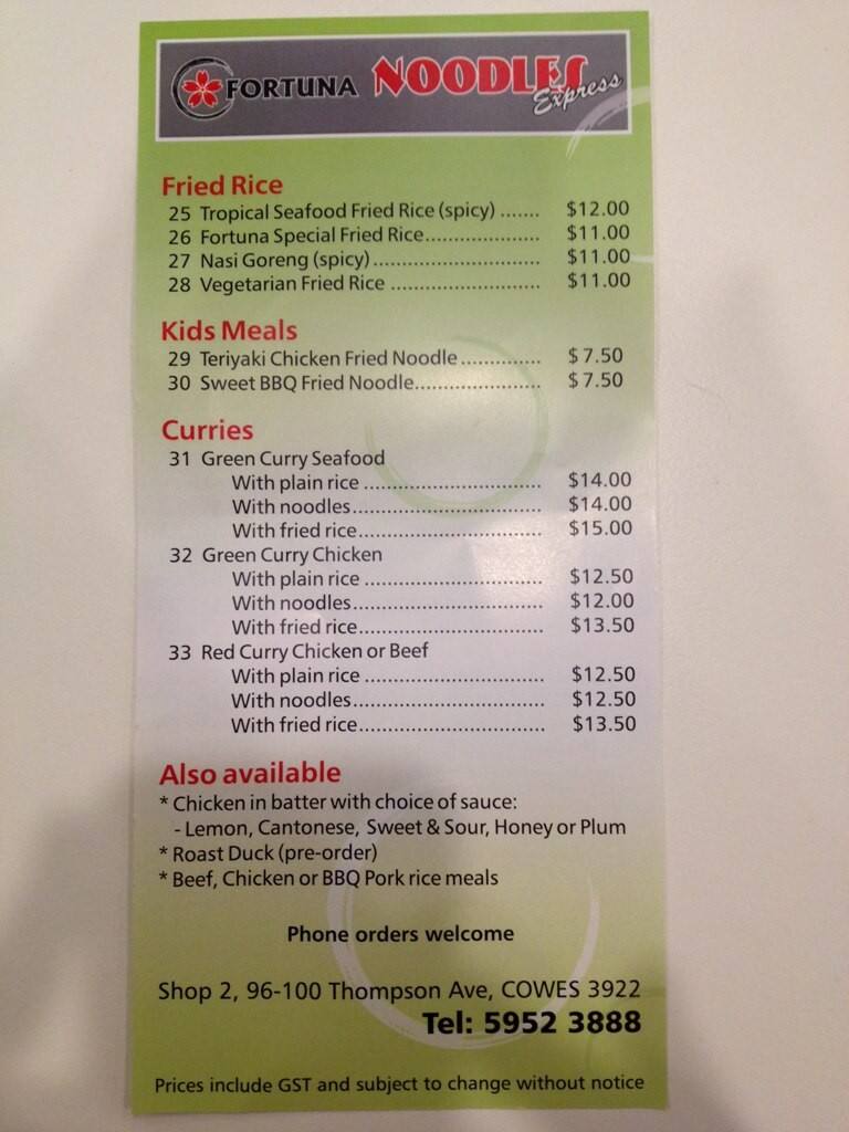 Menu at Fortuna Noodles Express restaurant, Cowes