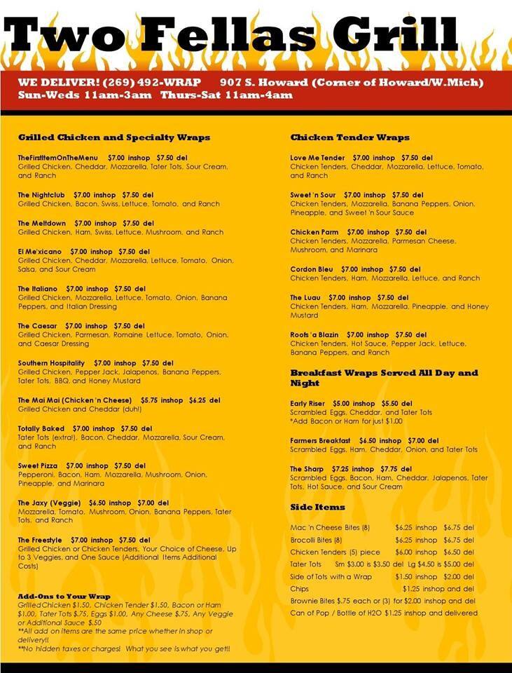 Two Fella Grill a Kalamazoo Foto del Menu con Prezzi Urbanspoon/Zomato