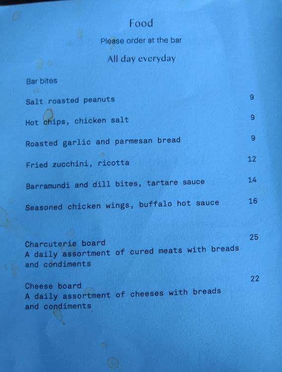Menu at House Bar, Barangaroo