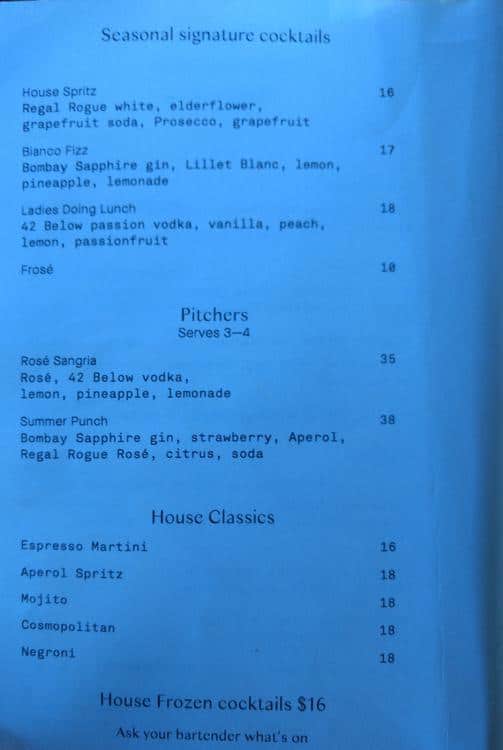 Menu at House Bar, Barangaroo