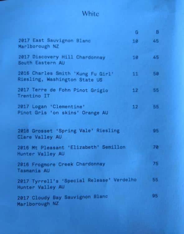 Menu at House Bar, Barangaroo