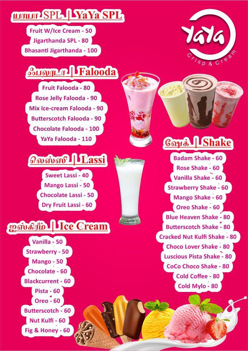 Menu of YaYa Crisp & Cream, Cantonment, Trichy