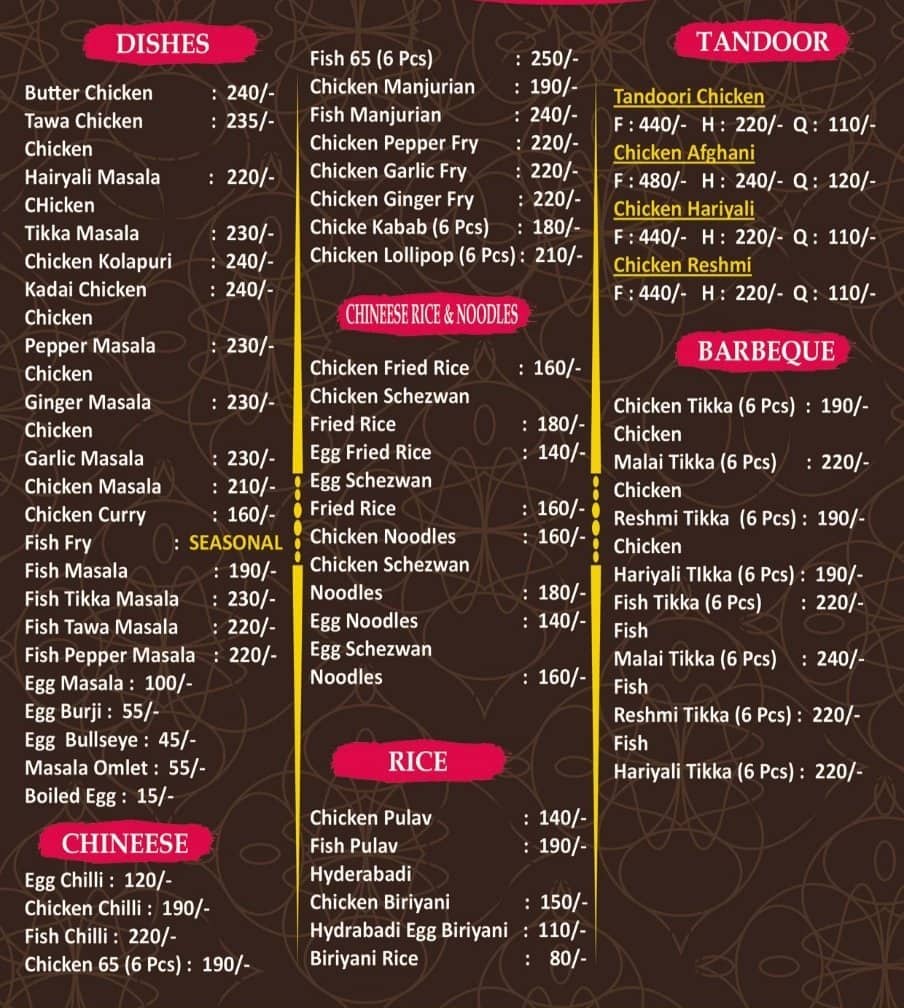 Menu of Delhi Darbar, Kumarapuram, Trivandrum