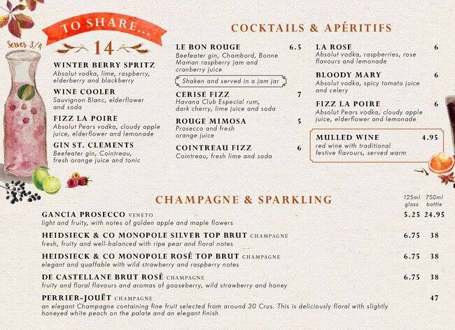 Rouges Menu With Prices Menu at Cafe Rouge, Pinner, 13-13a