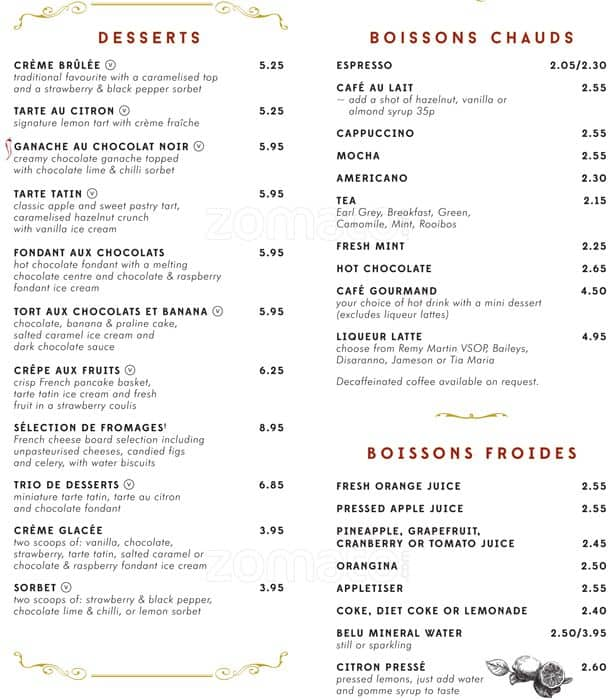 Menu at Café Rouge restaurant, London, 2 Lancer Square