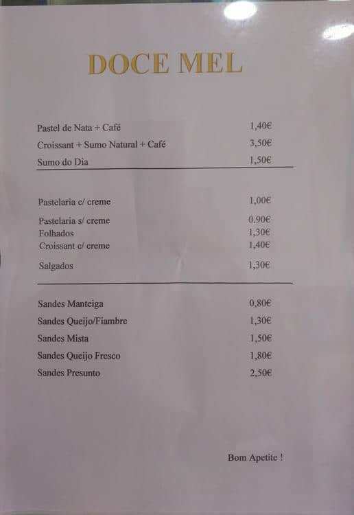 Doce Mel menu