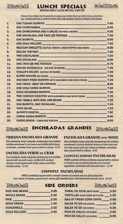 menu for tijuana flats mt. dora florida