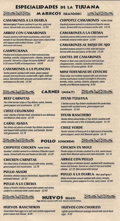 Menu at Tijuana restaurant, Monroe