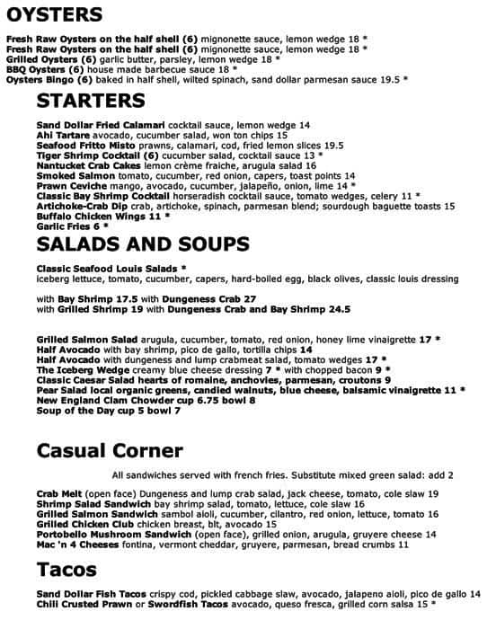 Sand Dollar Menu Menu For Sand Dollar Bolinas Bay Sausalito