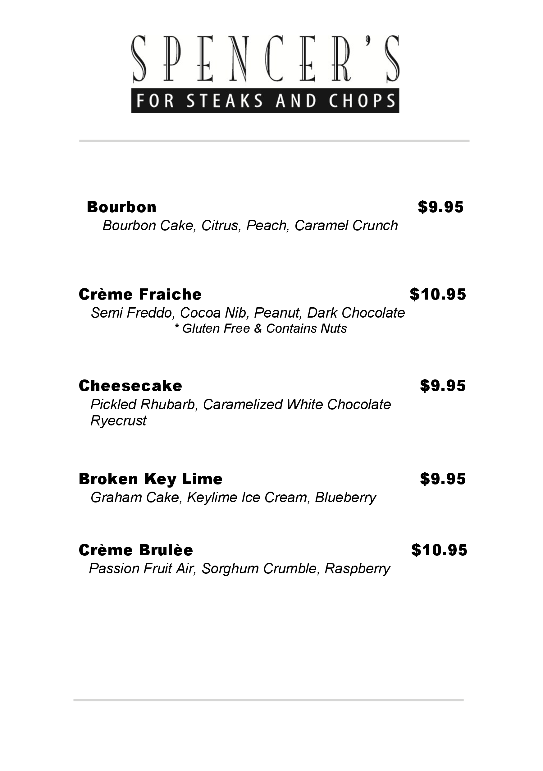 Menu at Spencer's For Steak & Chops steakhouse, Orlando