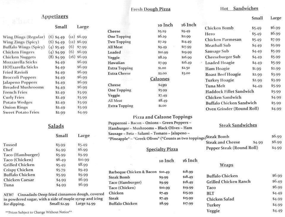 Menu at My Dad's Place pizzeria, Jay