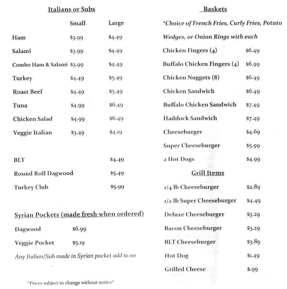 Menu at My Dad's Place pizzeria, Jay