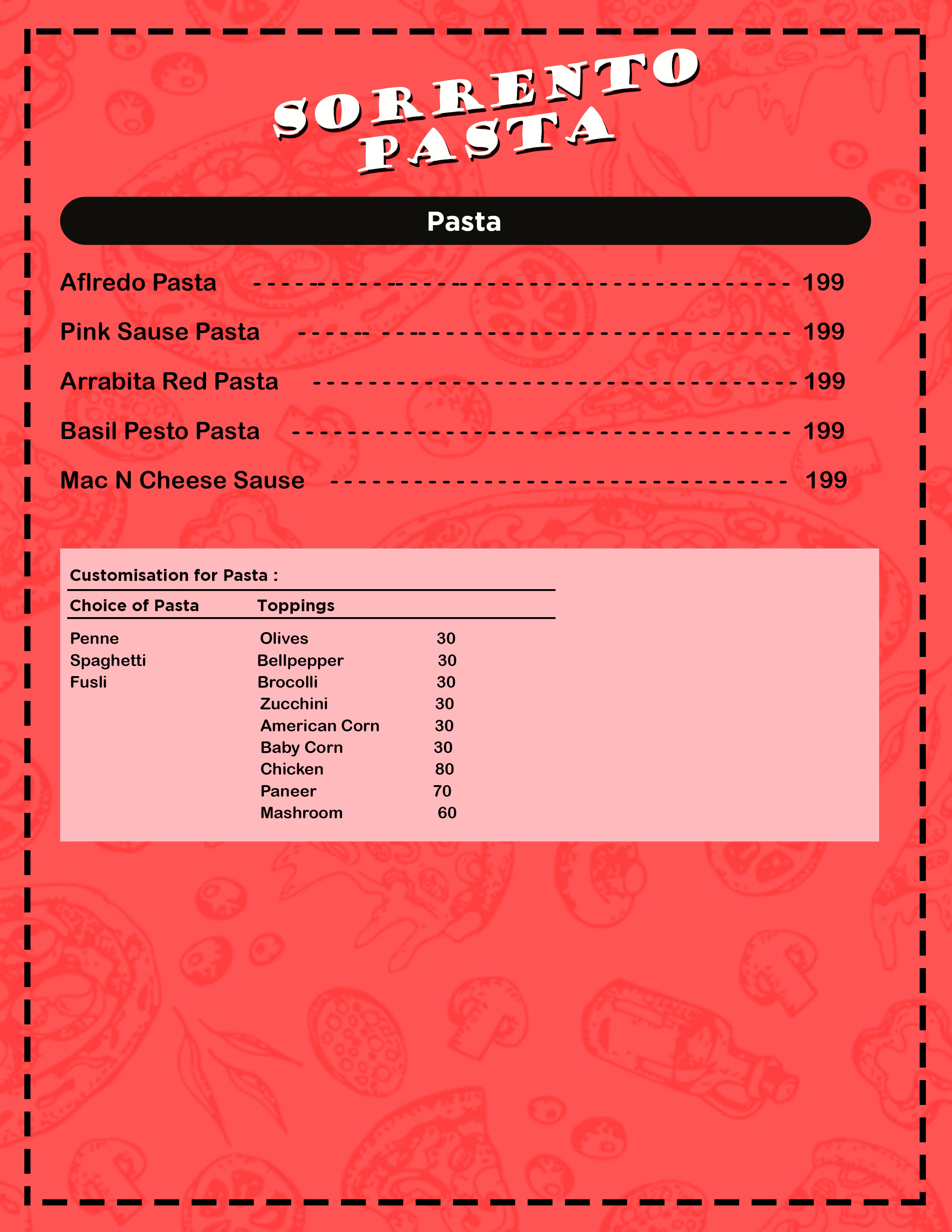 Menu of Sorrento Pasta, Oshiwara, Andheri West, Mumbai