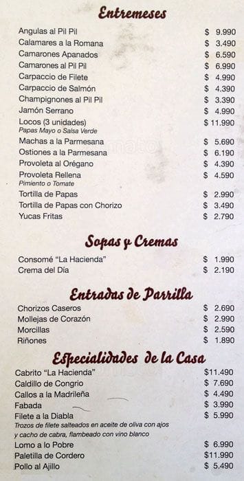 La Hacienda Gaucha Menu,Menú para La Hacienda Gaucha 