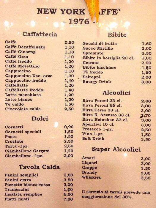 Menu di New York Caffè 