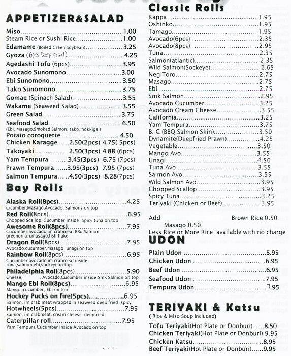 Sushi Bay Menü, Sushi Bay, Kensington, Vancouver için Menü Urbanspoon