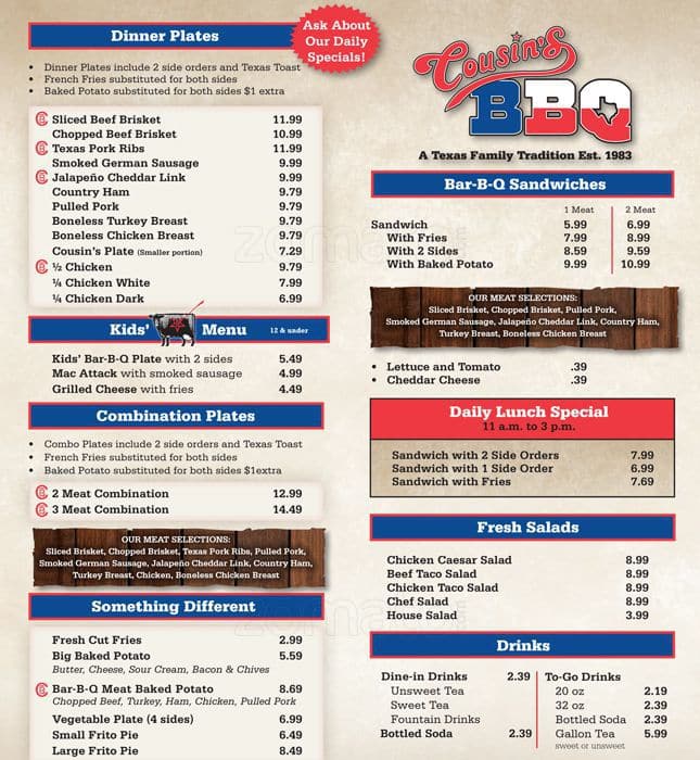 Cousins Bar B Que Menu Menu For Cousins Bar B Que Burleson Burleson