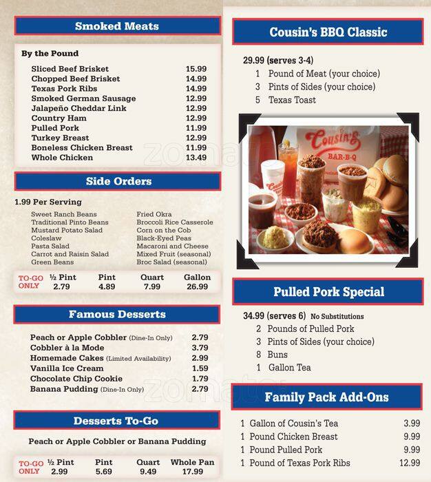 Cousins Bar B Que Menu Menu For Cousins Bar B Que Burleson Burleson