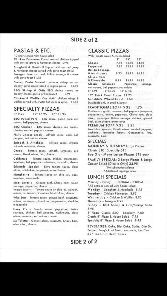 Menu at Huey P's Pizzeria and Daiquiris, Gretna