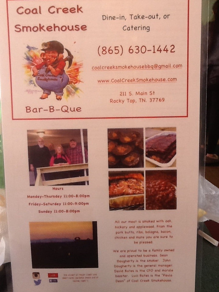 Menu at Coal Creek Smokehouse BBQ, Rocky Top