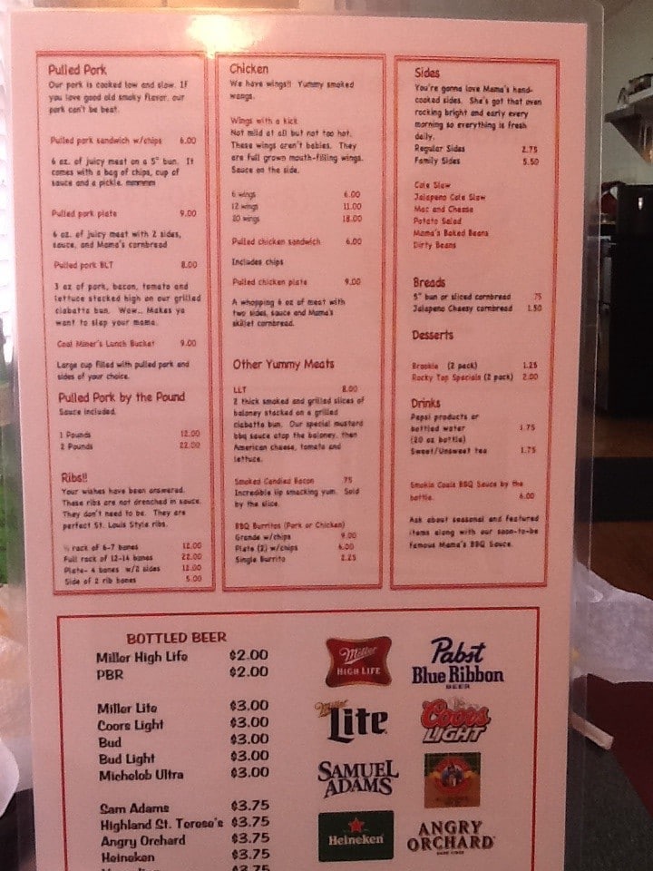 Menu at Coal Creek Smokehouse BBQ, Rocky Top