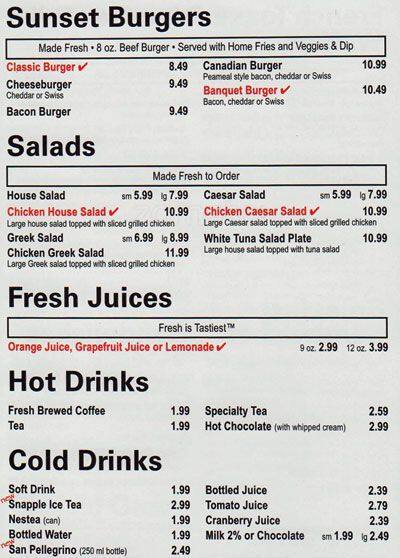 Menu at Sunset Grill restaurant, Ottawa