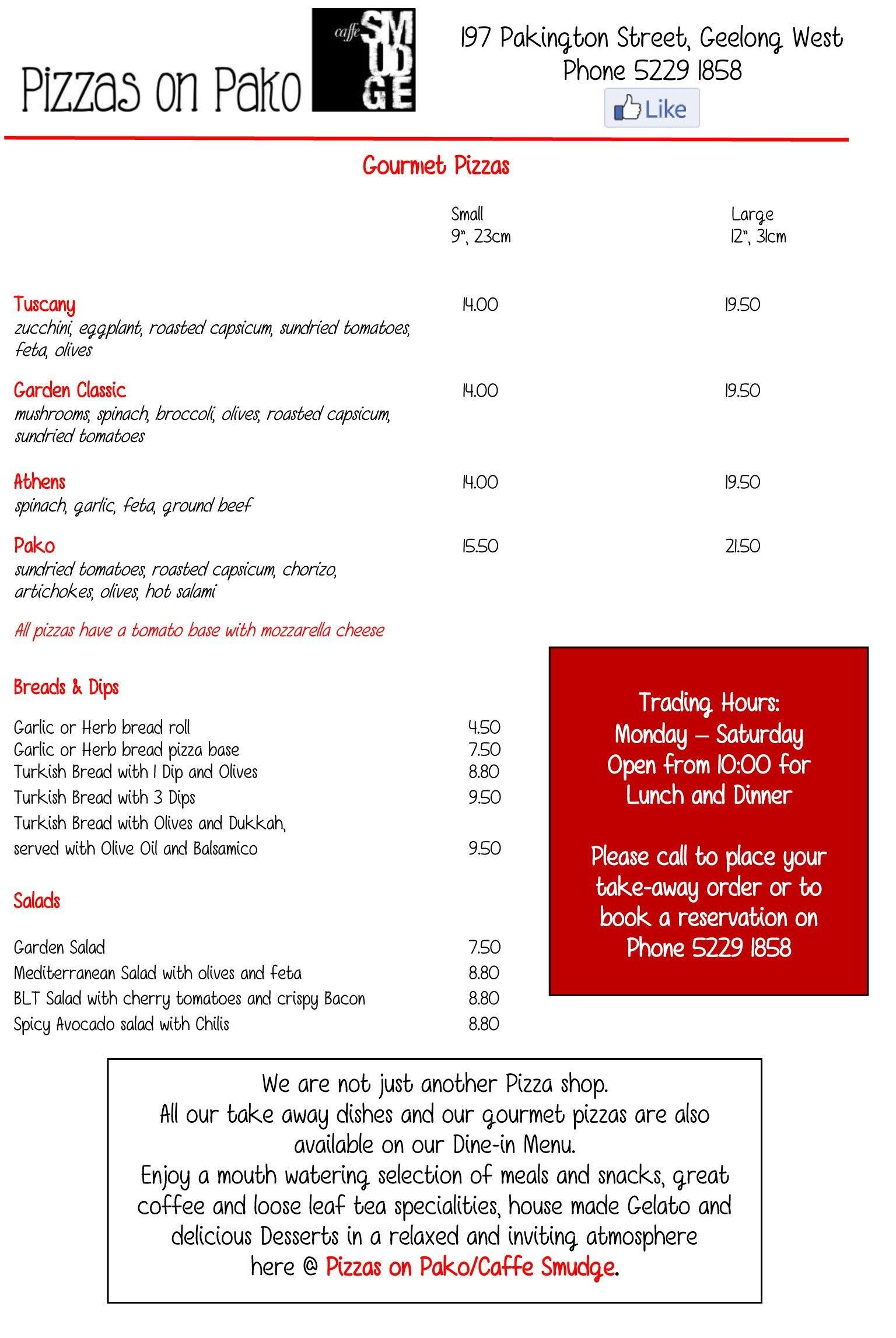 Menu at Pizzas on Pako pizzeria, Geelong West