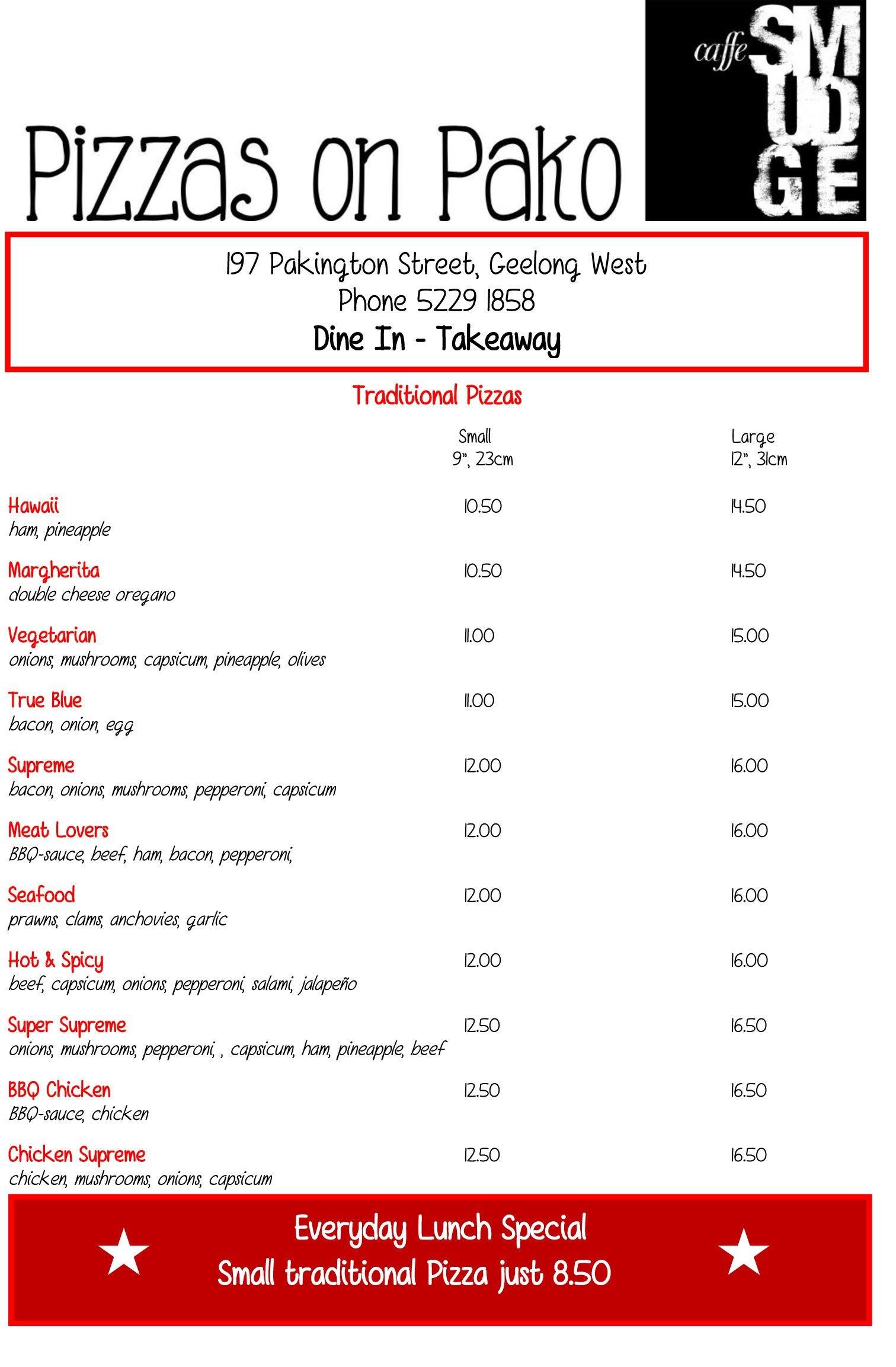 Menu at Pizzas on Pako pizzeria, Geelong West