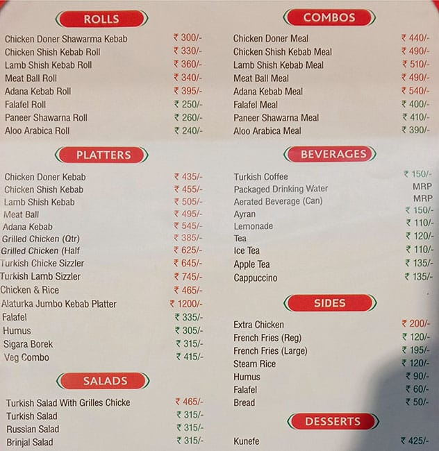 Alaturka Doner Kebab & Falafel menu