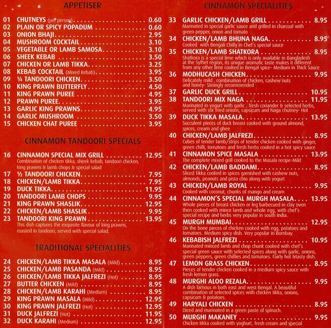 Cinnamon Menu, Menu for Cinnamon, Brick Lane, London Zomato UK