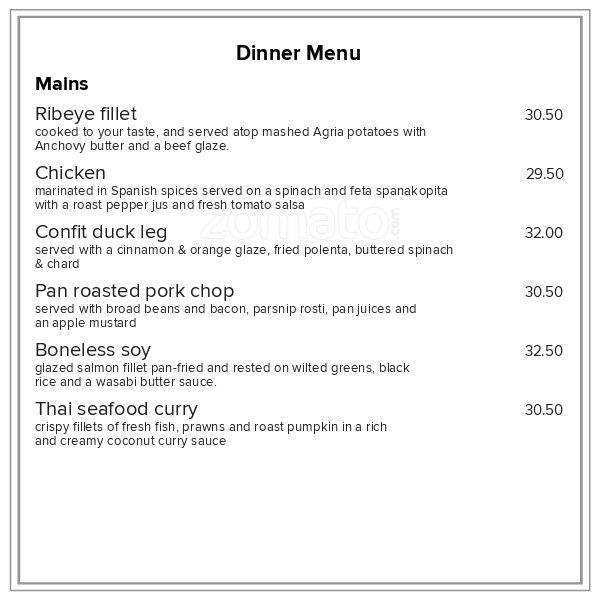 Menu at Plato restaurant, Dunedin