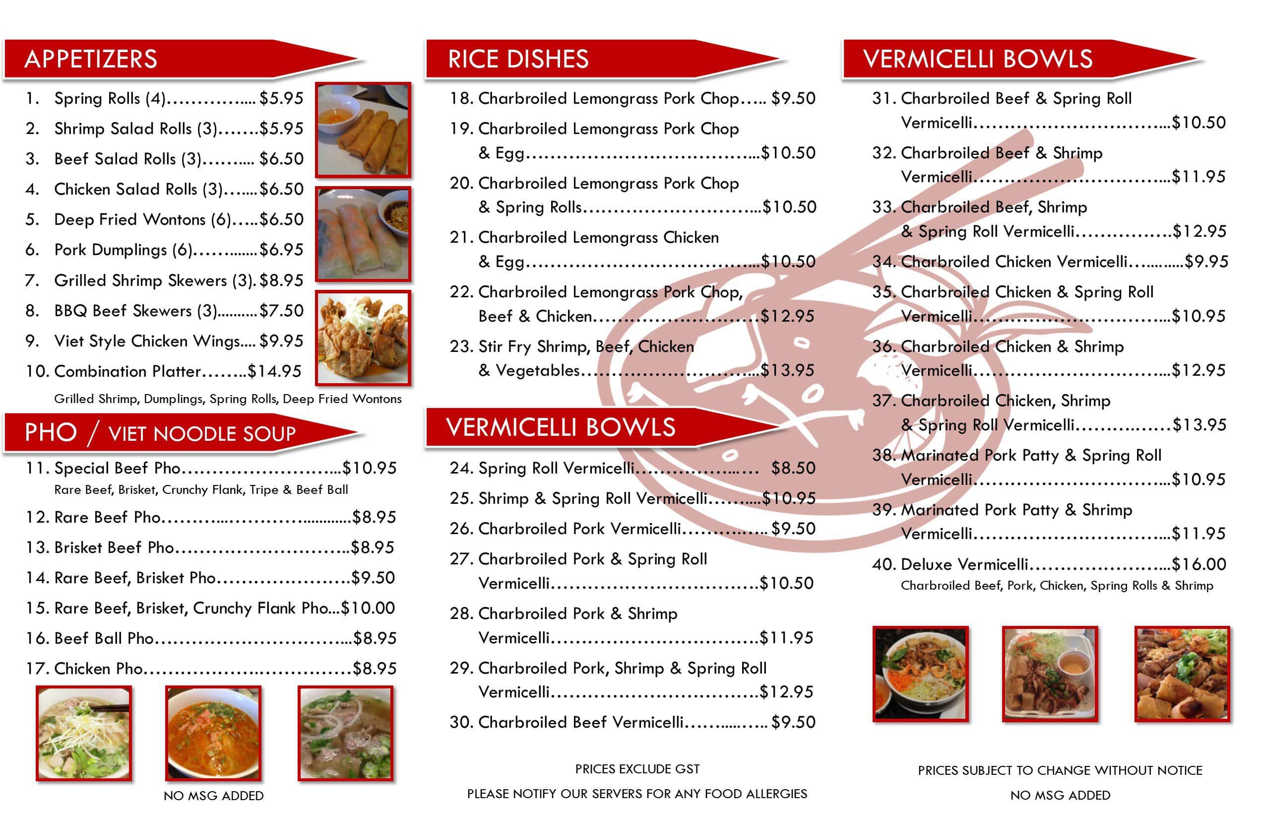 Menu at pho anh restaurant calgary 400 crowfoot crescent nw