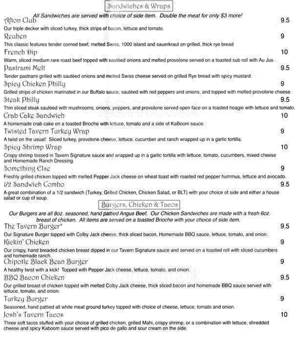 Menu at Afton Tavern pub & bar, Concord, 355 John Galt Way NW