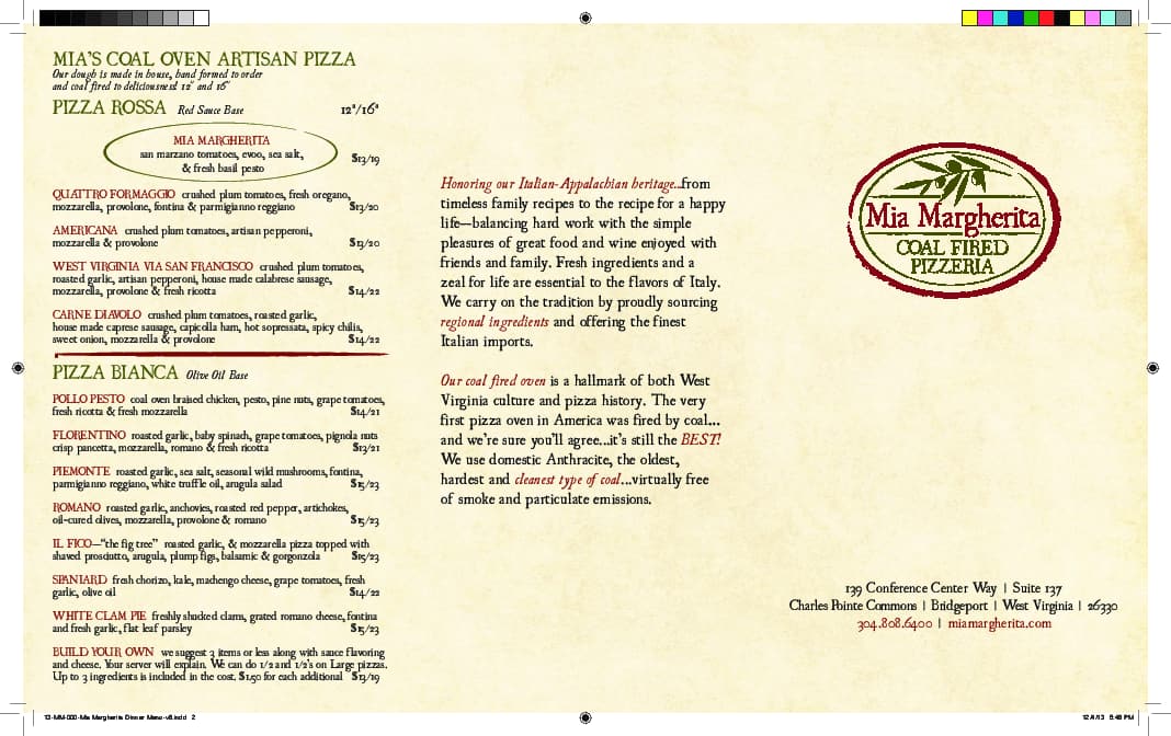 Menu at Mia Margherita pizzeria, Bridgeport