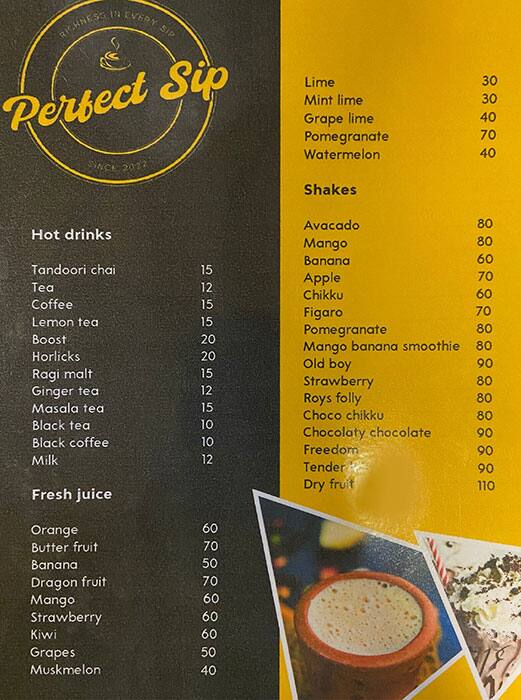 Menu of Perfect Sip Cafe, Tiruvottiyur, Chennai