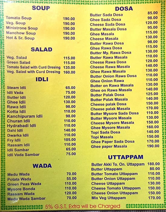 Menu of Dwarka Restaurant, Fort, Mumbai