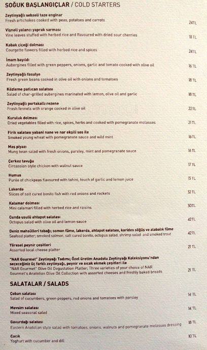 Menu at Nar Lokantası, Istanbul